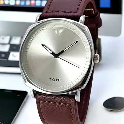 Aa1 Quartz Swiss Tomi, Leather Strap ,(silver Dial )with Box